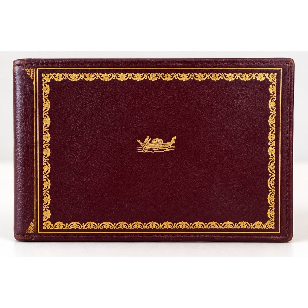 Vintage Italian Burgundy Leather Bifold Wallet Gold Filigree Gondola Detail